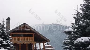 冬天下雪的时候，山上的圣诞木大厦。 松林附近滑雪场的舒适小屋。 小屋